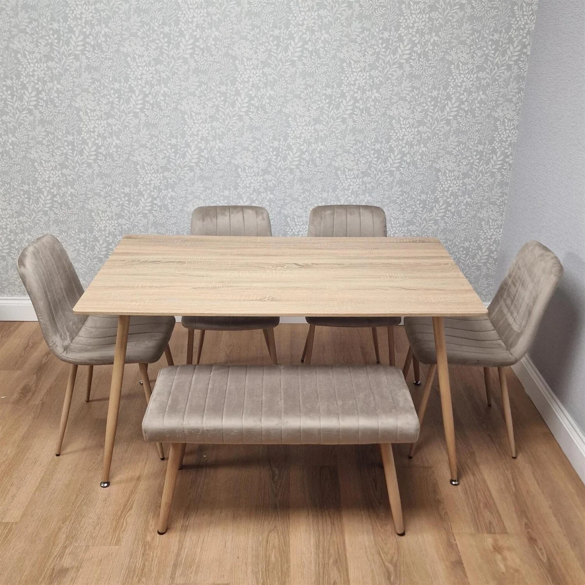 KOSY KOALA 6 Seater Modern Dining Table 140cm with Wood Effect Metal Leg and 4 Beige Chairs and Bench for Kitchen & Dining Room Furniture Set – image 4