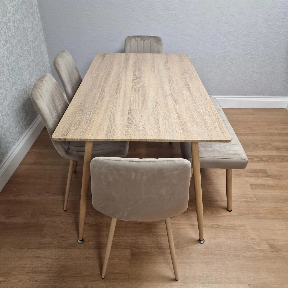 KOSY KOALA 6 Seater Modern Dining Table 140cm with Wood Effect Metal Leg and 4 Beige Chairs and Bench for Kitchen & Dining Room Furniture Set – image 5