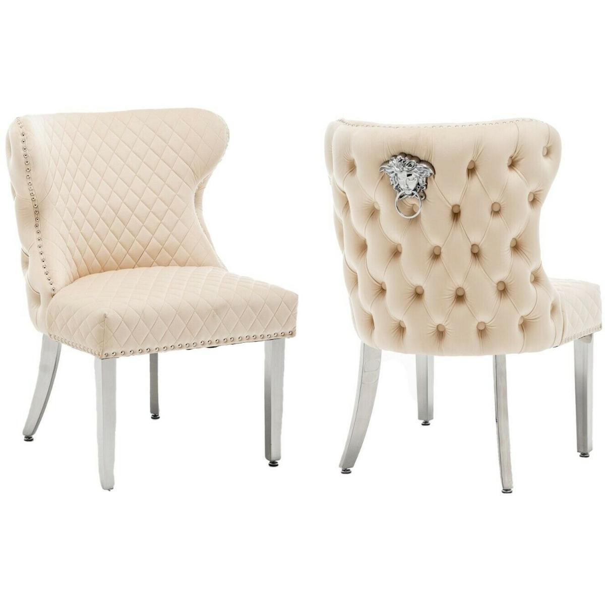 Neo Velvet Quilted Lion Knocker Dining Chair Set of 2 - Cream – image 3