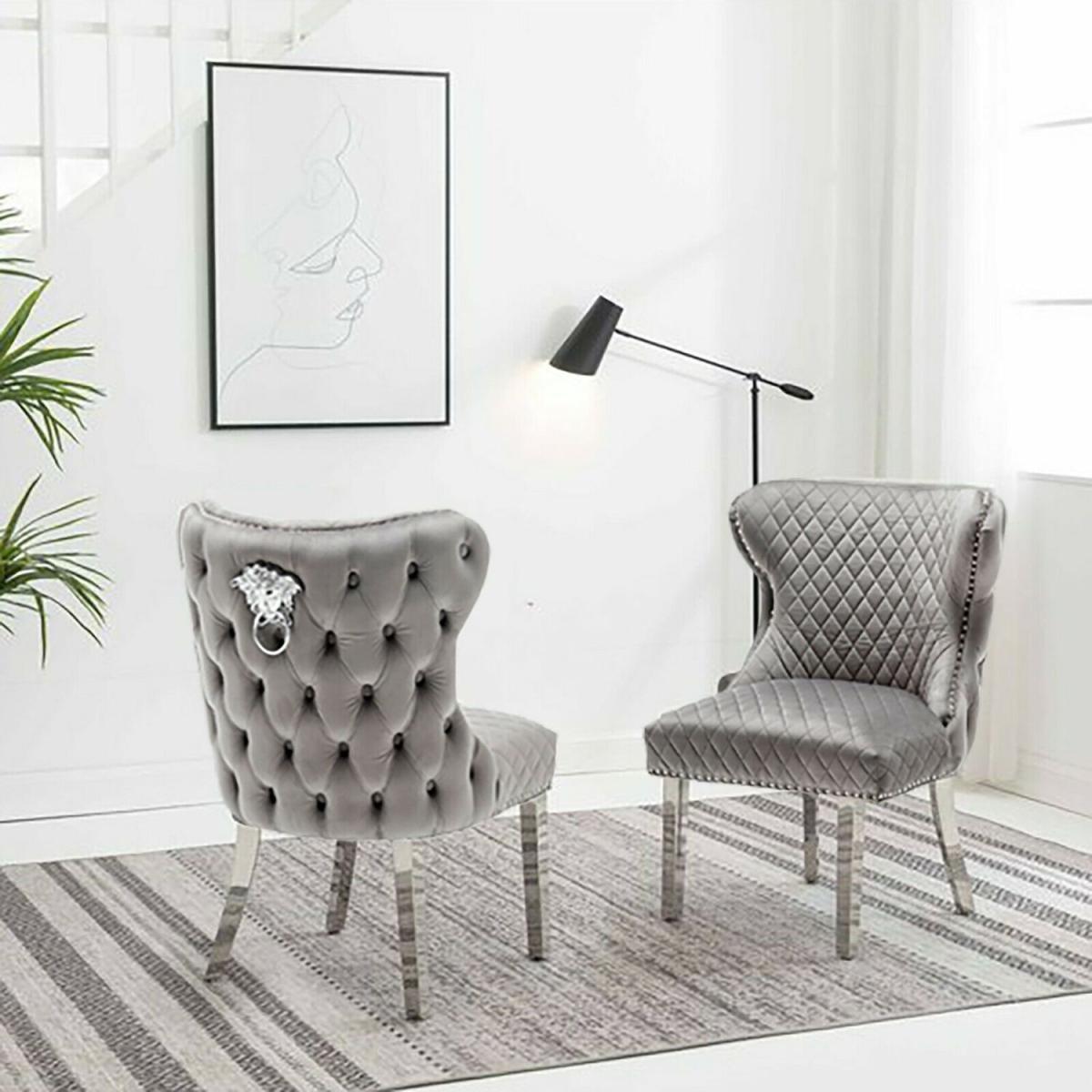 Neo Velvet Quilted Lion Knocker Dining Chair Set of 2 - Cream – image 4