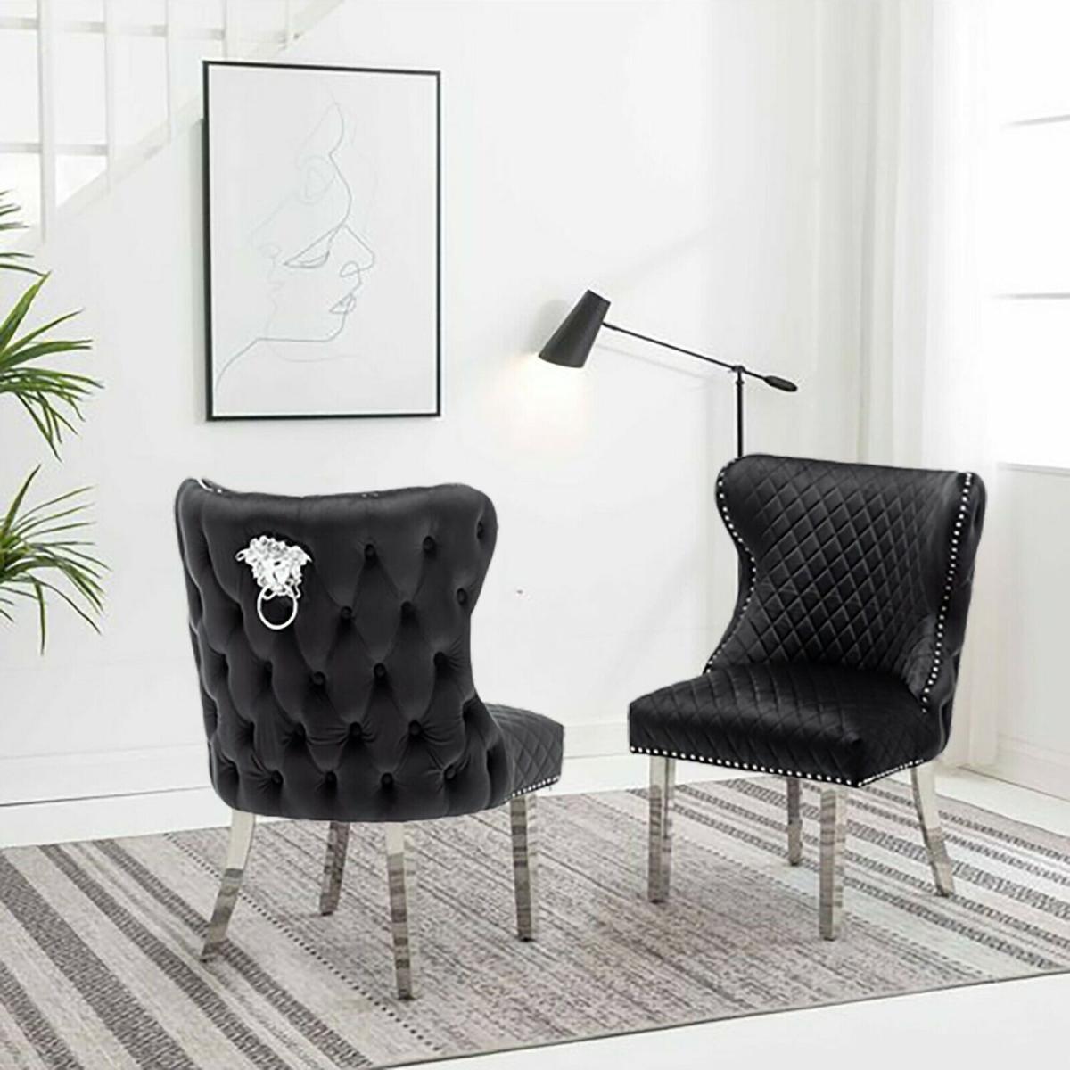 Neo Velvet Quilted Lion Knocker Dining Chair Set of 2 - Cream – image 5