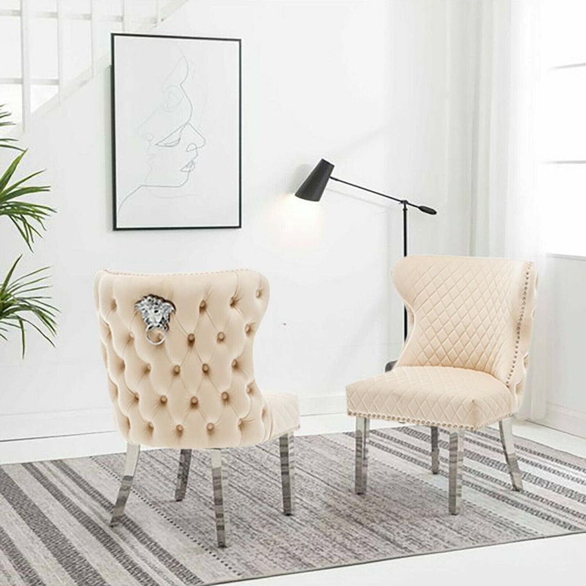 Neo Velvet Quilted Lion Knocker Dining Chair Set of 2 - Cream – image 6