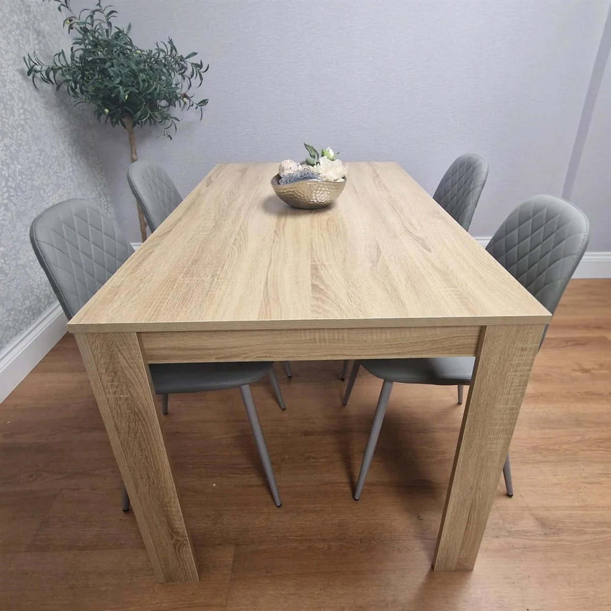 Oak Effect table with 4 Grey Faux Leather Gem Chairs Modern Kitchen Dining Furniture - Grey – image 3