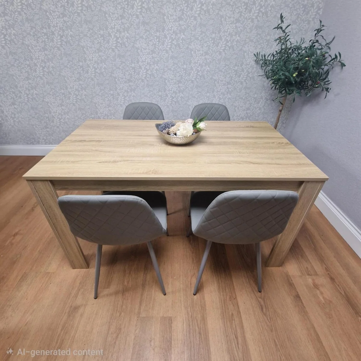 Oak Effect table with 4 Grey Faux Leather Gem Chairs Modern Kitchen Dining Furniture - Grey – image 4