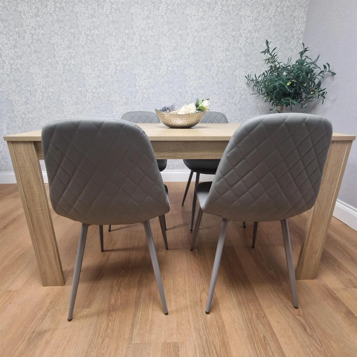 Oak Effect table with 4 Grey Faux Leather Gem Chairs Modern Kitchen Dining Furniture - Grey – image 5