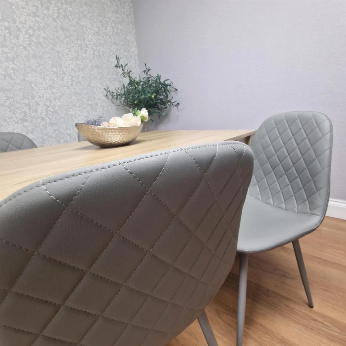 Oak Effect table with 4 Grey Faux Leather Gem Chairs Modern Kitchen Dining Furniture - Grey – image 6