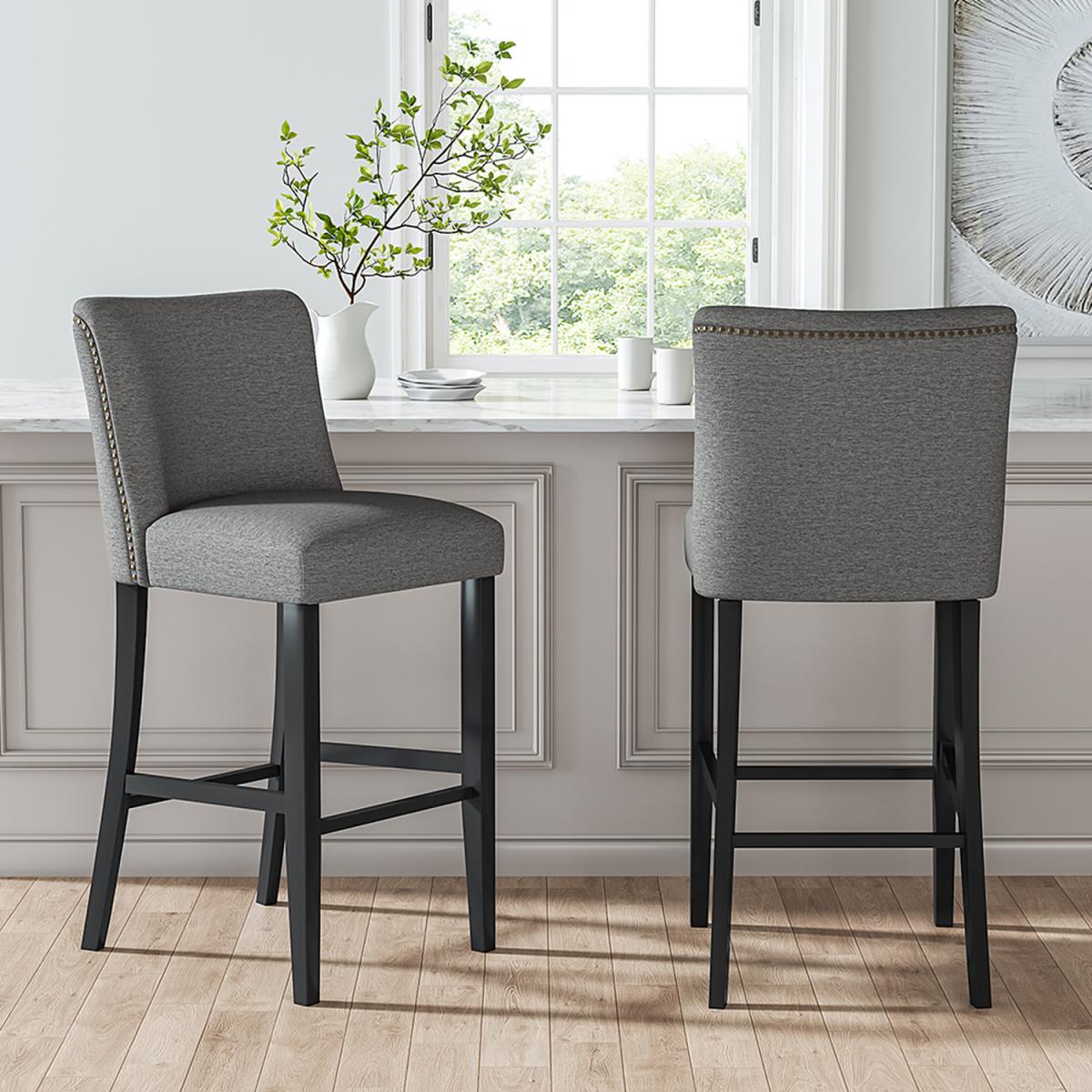 Set of 2 Linen High Leg Dining Chair Kitchen Bar Stool Soft Padded Seat - Dark Grey – image 9