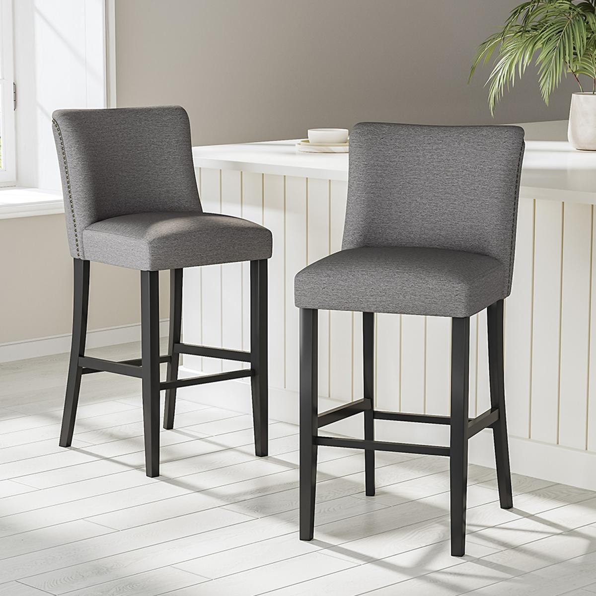 Set of 2 Linen High Leg Dining Chair Kitchen Bar Stool Soft Padded Seat - Dark Grey – image 10