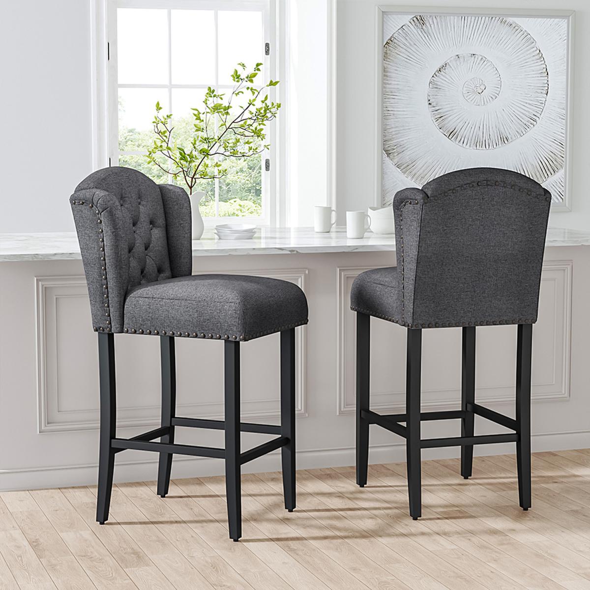 2PCS Linen Bar Stool Padded Seat Buttoned Back High Dining Chair - Dark Grey – image 2