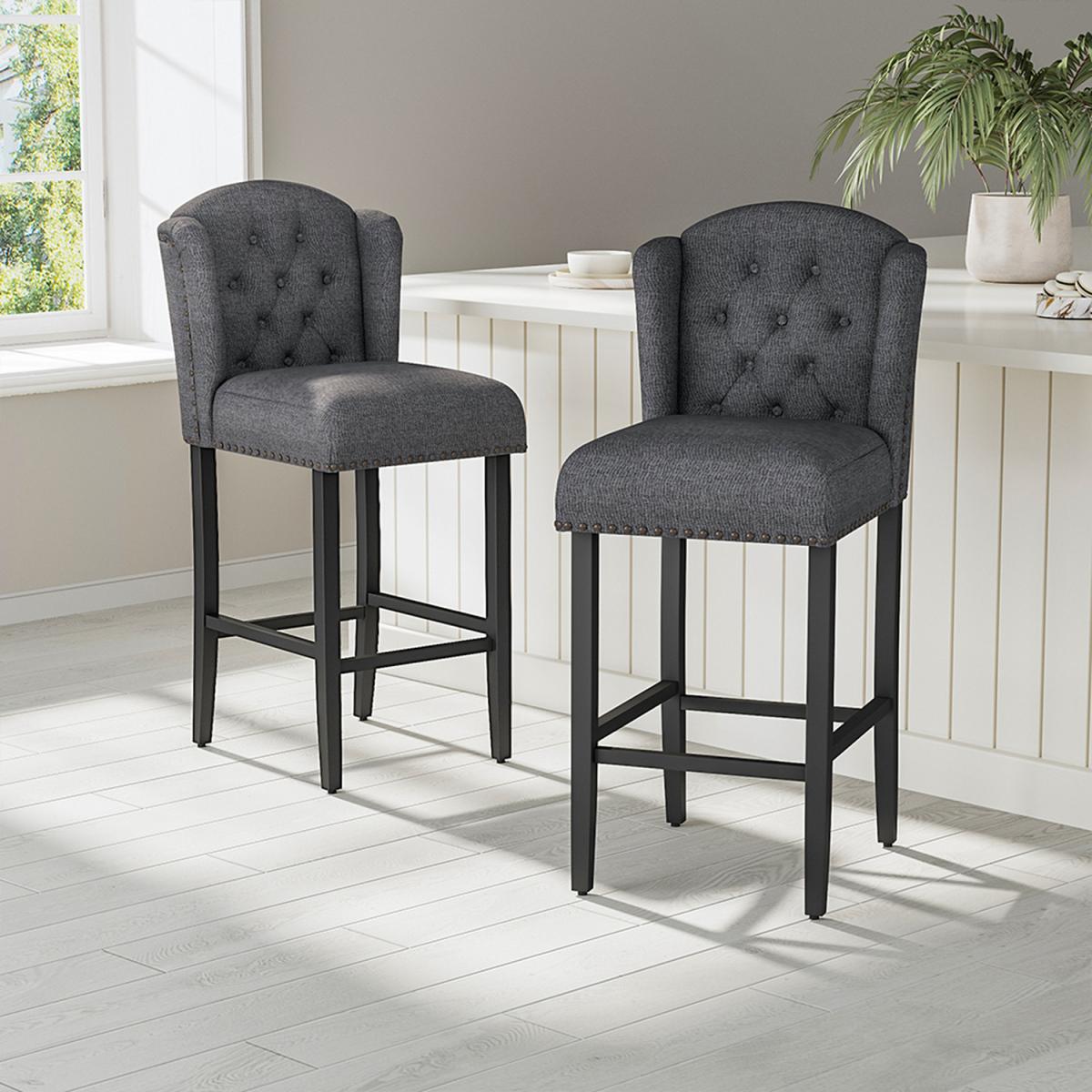 2PCS Linen Bar Stool Padded Seat Buttoned Back High Dining Chair - Dark Grey – image 1