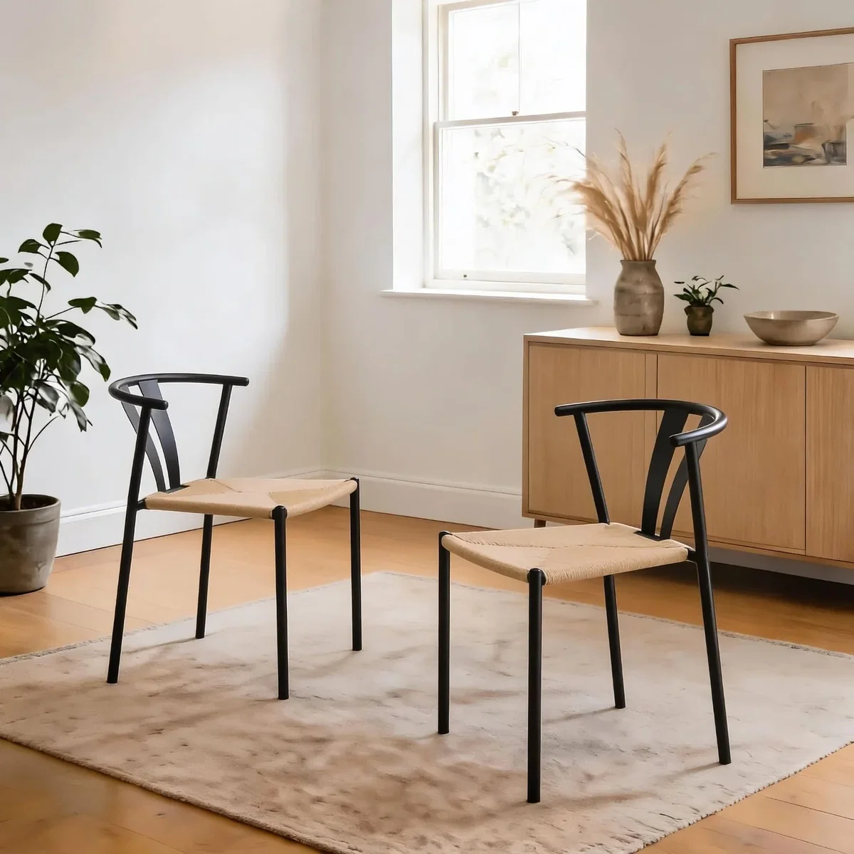 Pair of Eira Black Metal Dining Chairs with Woven Seat - Black & Natural – image 1
