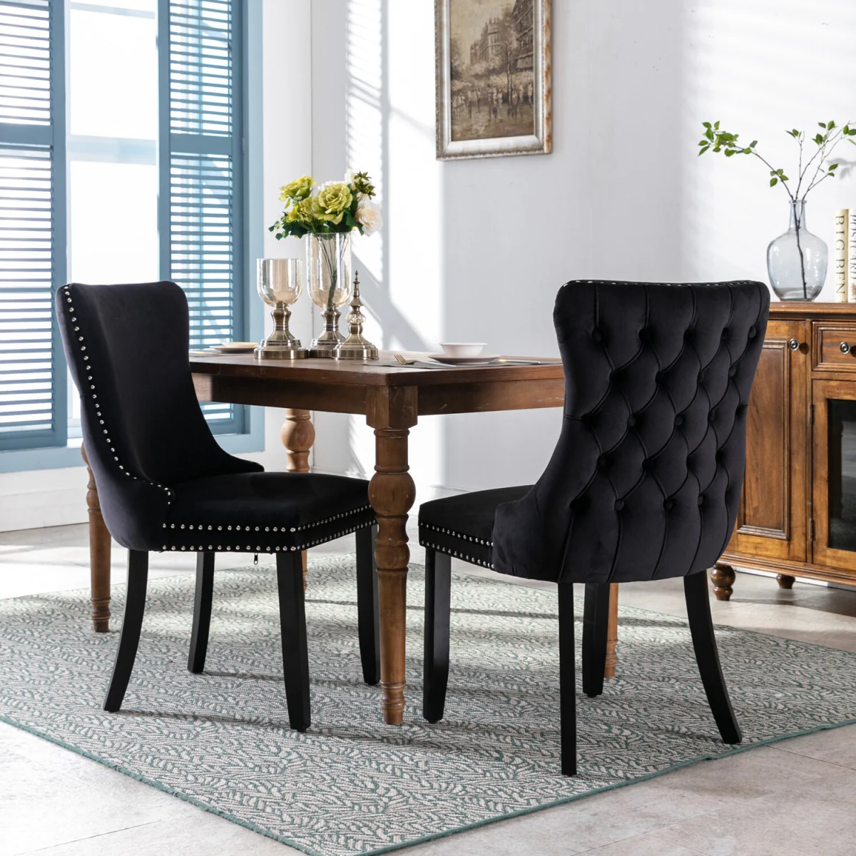 Set of 2 Sierra Wing Back Velvet Tufted Dining Chairs with Oak Wood Legs - Black – image 2