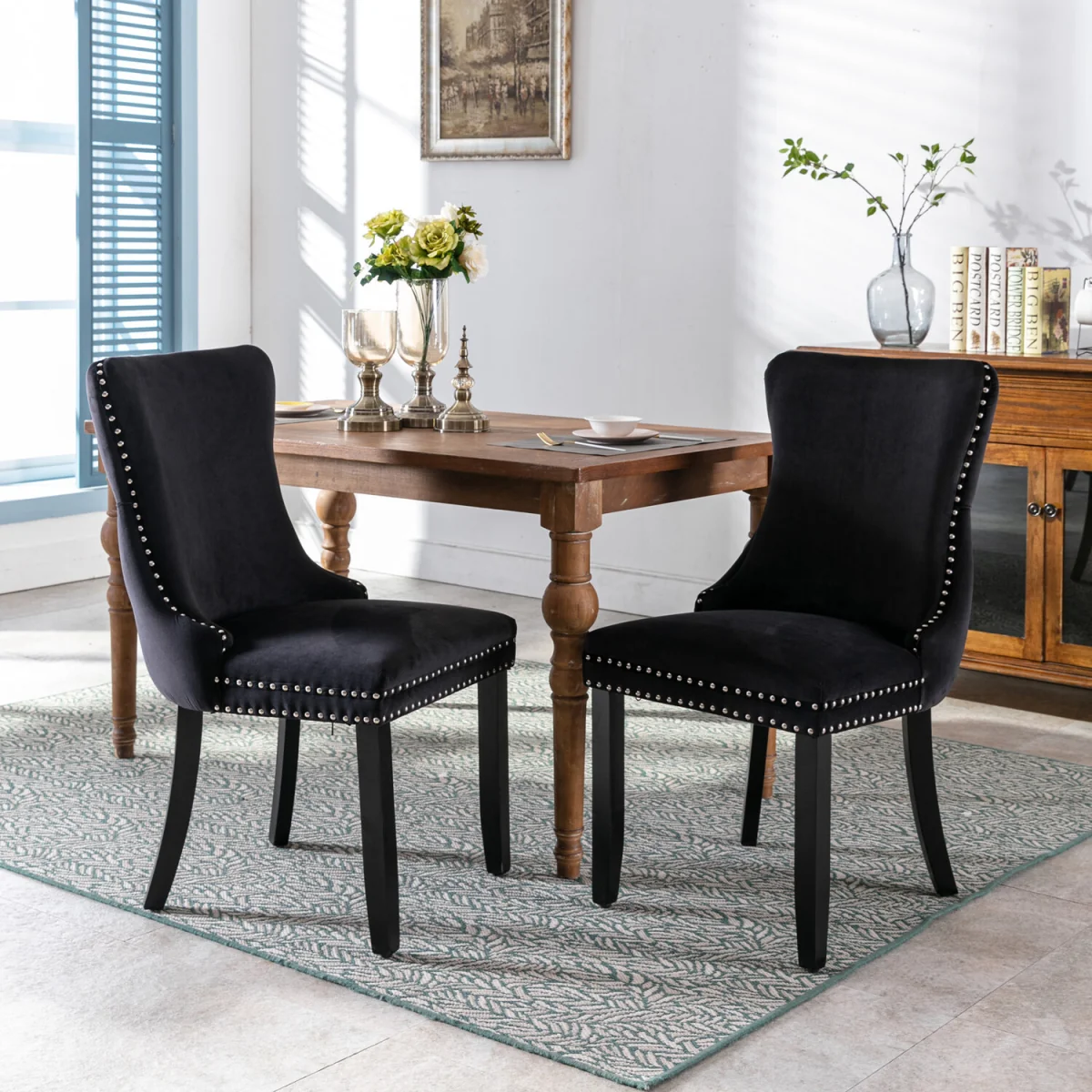Set of 2 Sierra Wing Back Velvet Tufted Dining Chairs with Oak Wood Legs - Black – image 3