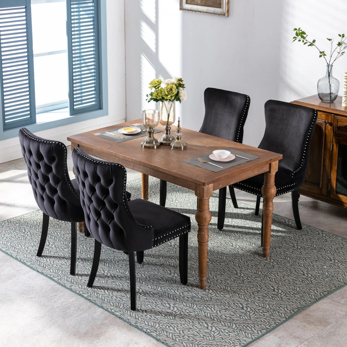 Set of 2 Sierra Wing Back Velvet Tufted Dining Chairs with Oak Wood Legs - Black – image 4
