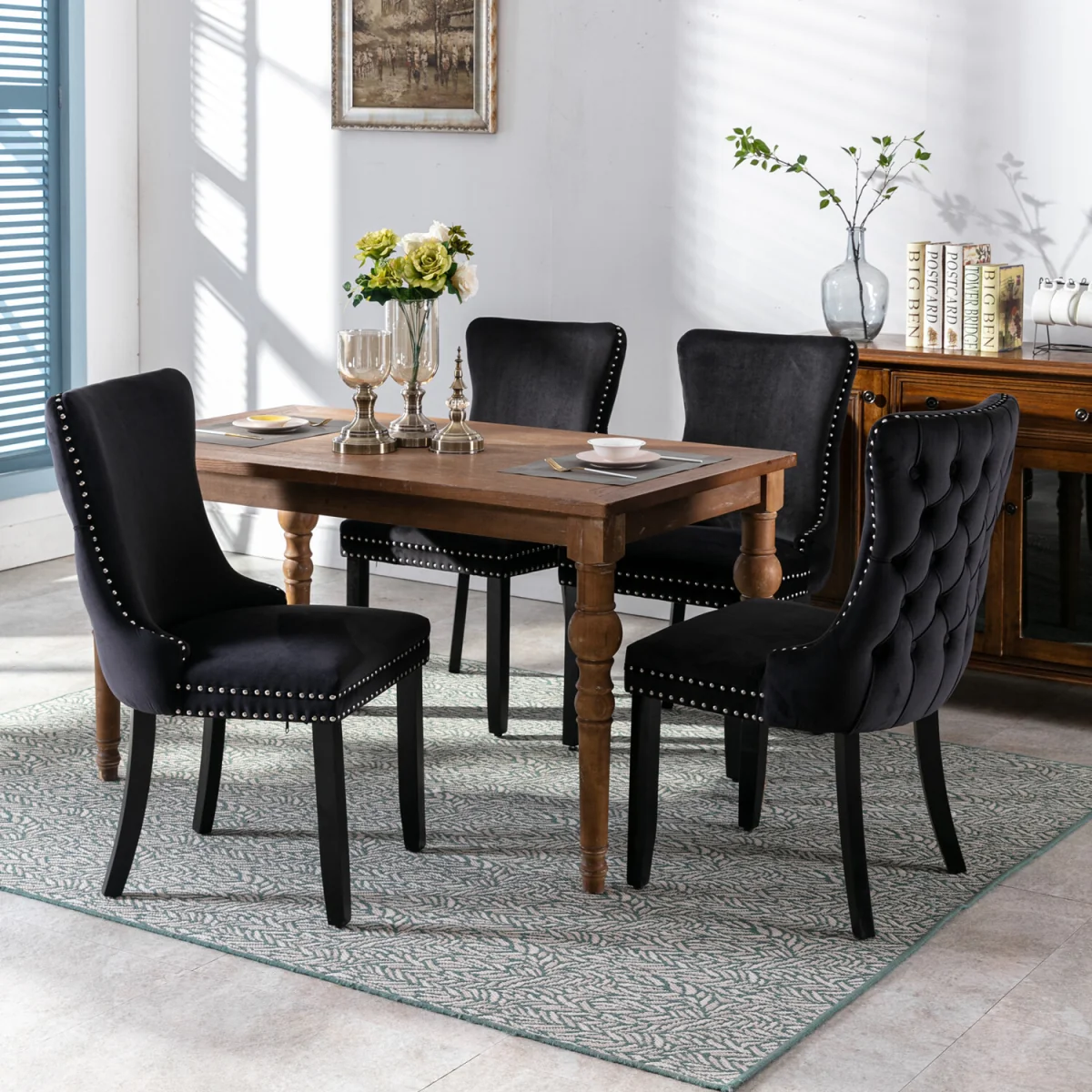 Set of 2 Sierra Wing Back Velvet Tufted Dining Chairs with Oak Wood Legs - Black – image 8