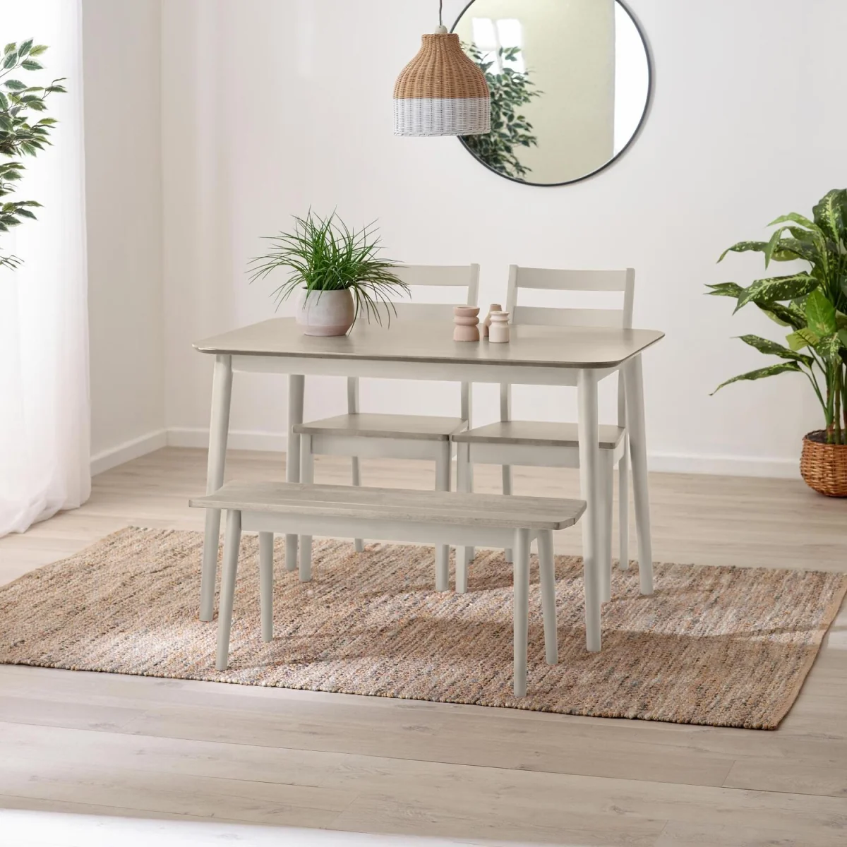 Lynton Small Wooden Dining Table with 2 Chairs & Bench - White – image 1