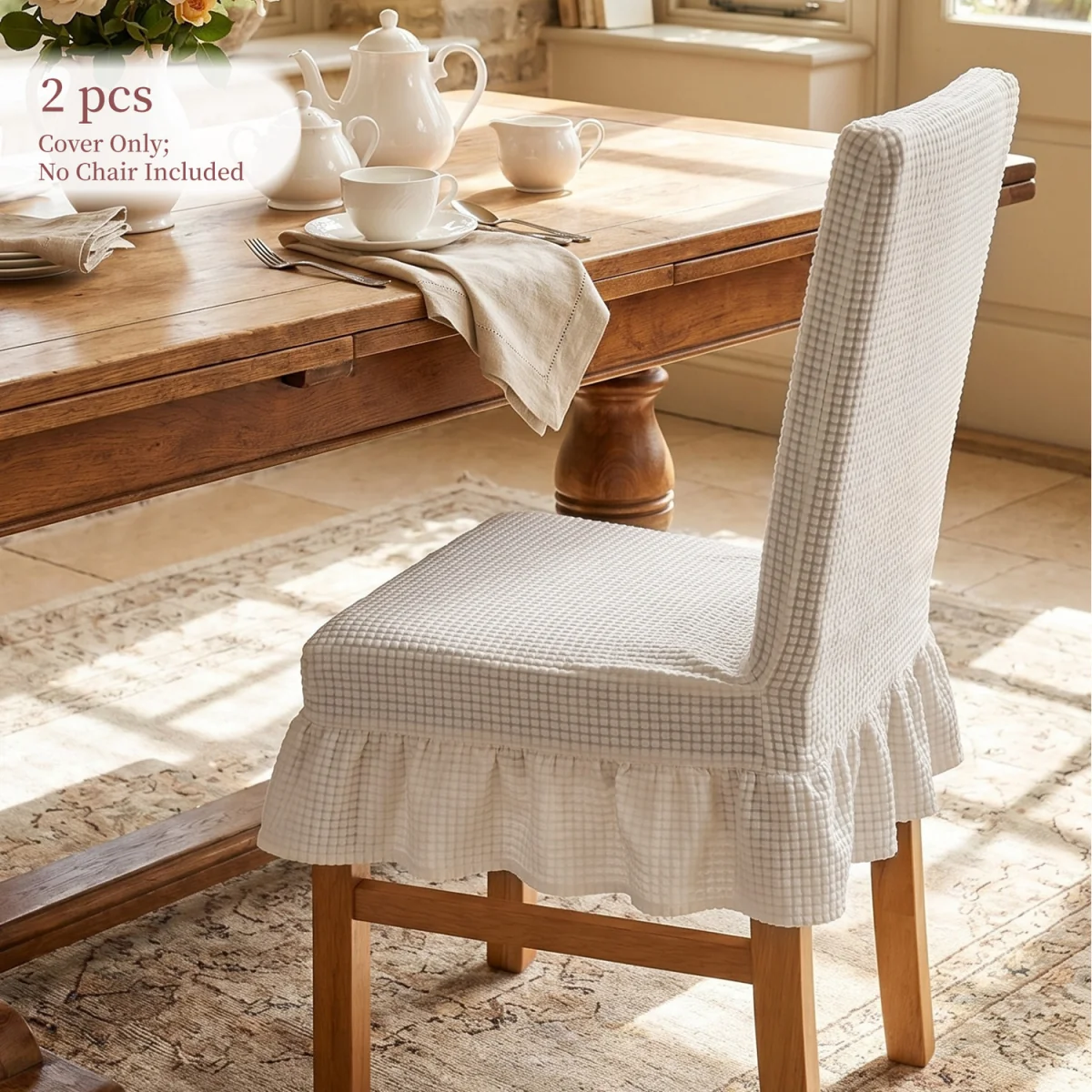 Set of 2 Ruffled Dining Chair Covers with Tie Straps - Beige – image 2