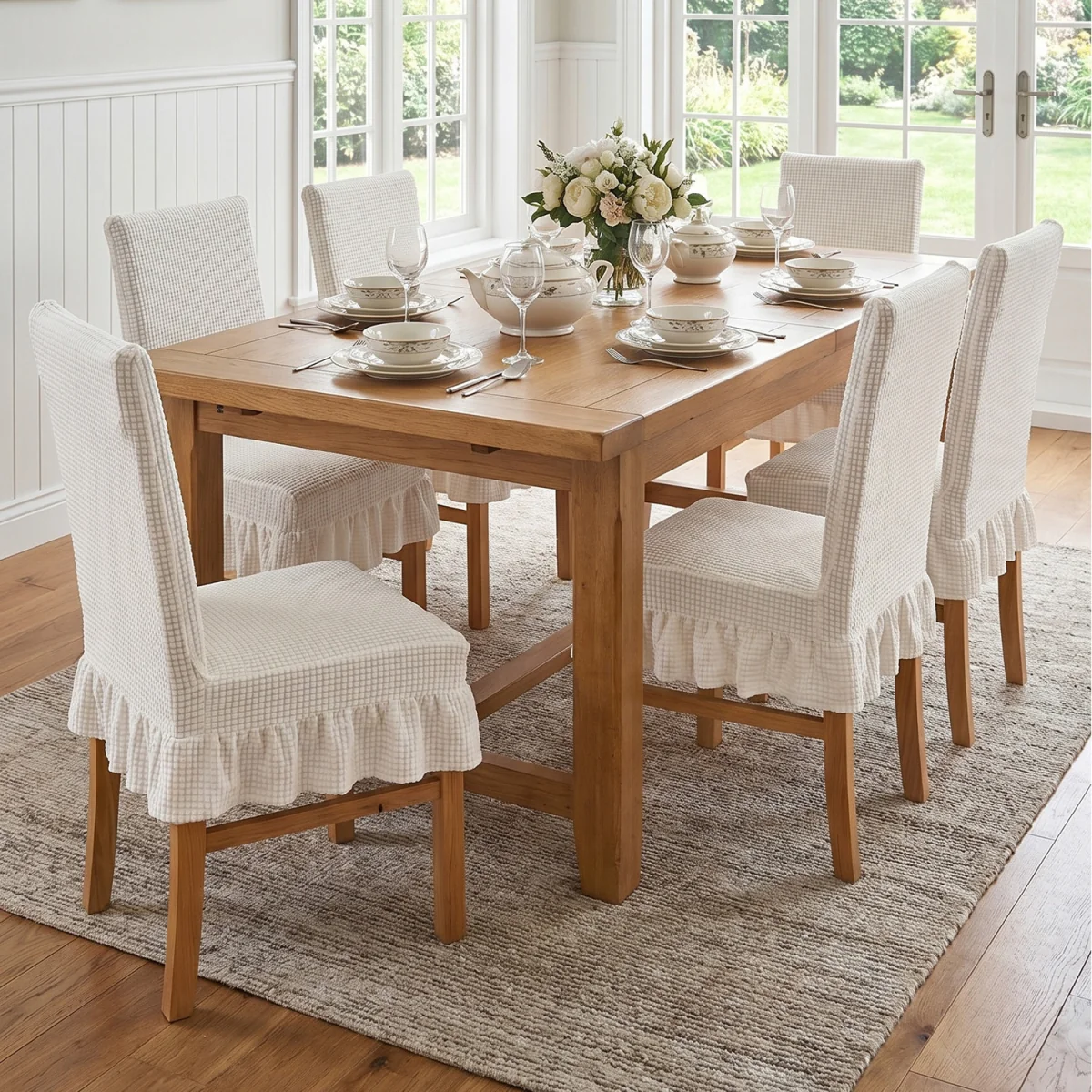Set of 2 Ruffled Dining Chair Covers with Tie Straps - Beige – image 1