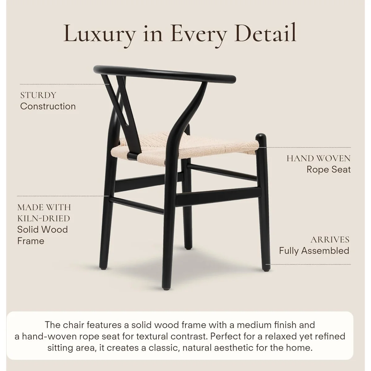 Set of 2 Dining Chair, Ash Solid Wood Y Chair, Dining Room Chair with Rattan - Black – image 4