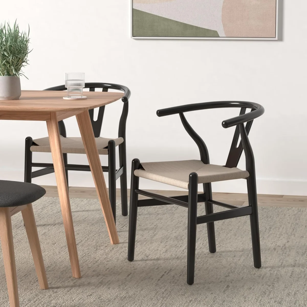 Set of 2 Dining Chair, Ash Solid Wood Y Chair, Dining Room Chair with Rattan - Black – image 6
