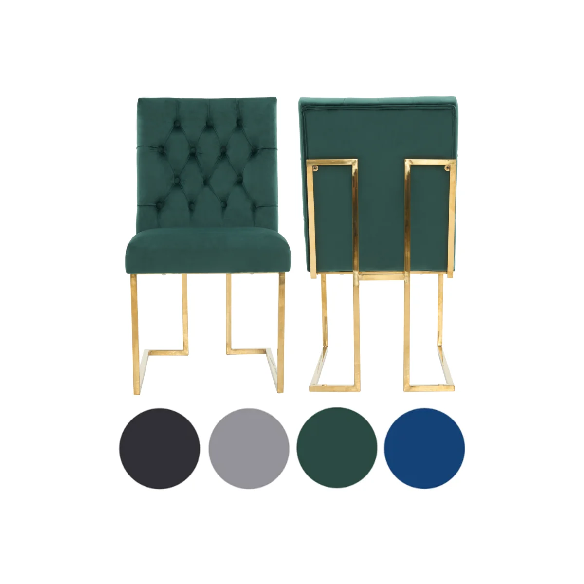 2PCs Siena Luxury Tufted Velvet Dining Chairs with Gold Frame Legs Upholstered - Green