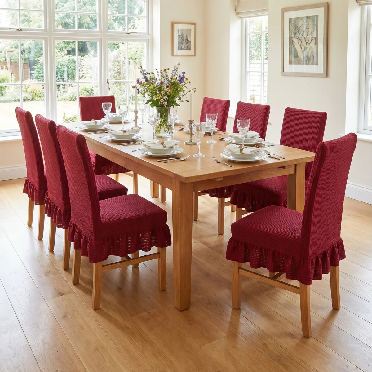 Set of 2 Ruffled Dining Chair Covers with Tie Straps - Crimson – image 9