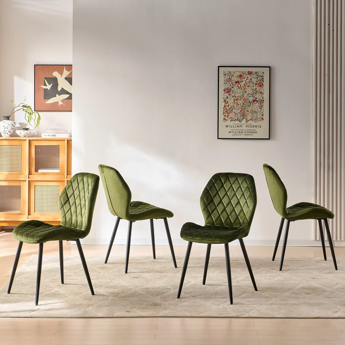 SONARA Modern Velvet Dining Chairs Set of 4 - Ergonomic Curved Backrest, Diamond Quilted, Green - Orange – image 2
