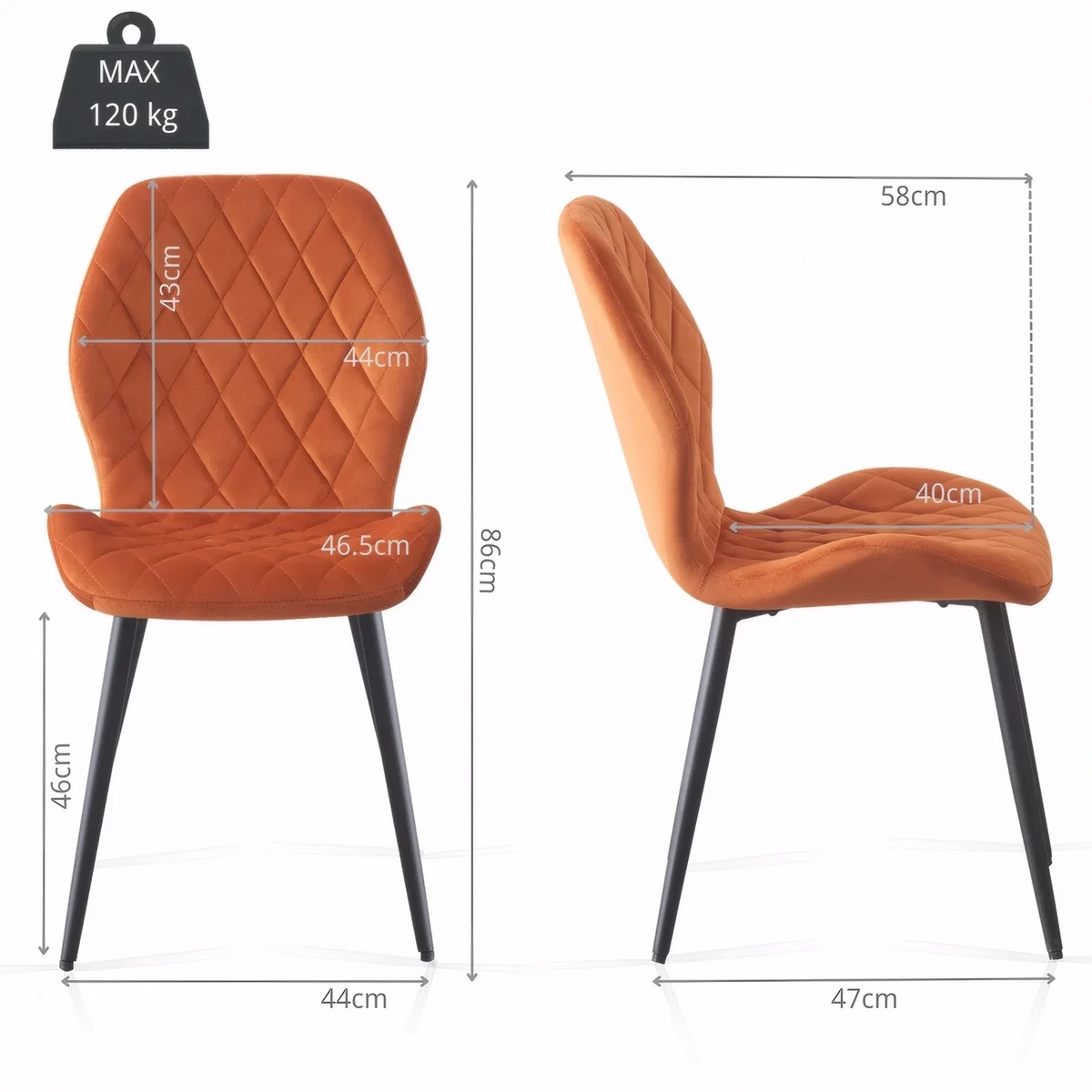 SONARA Modern Velvet Dining Chairs Set of 4 - Ergonomic Curved Backrest, Diamond Quilted, Green - Orange – image 11