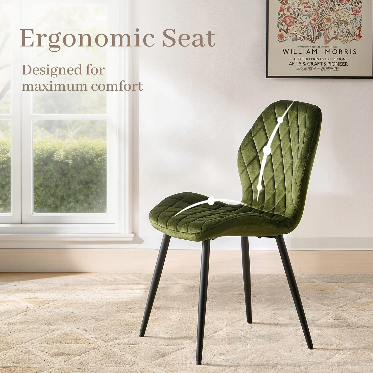 SONARA Modern Velvet Dining Chairs Set of 4 - Ergonomic Curved Backrest, Diamond Quilted, Green - Orange – image 3