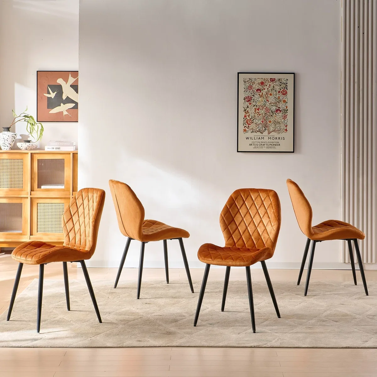 SONARA Modern Velvet Dining Chairs Set of 4 - Ergonomic Curved Backrest, Diamond Quilted, Green - Orange – image 10