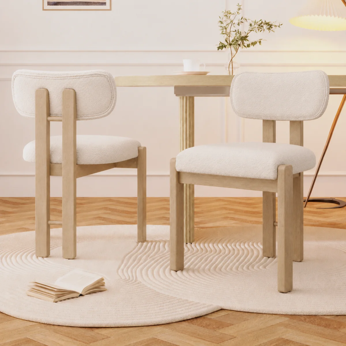 Bouclé Dining Chairs with Solid Wood Legs, Natural Colour, Set of 6 - Natural – image 2
