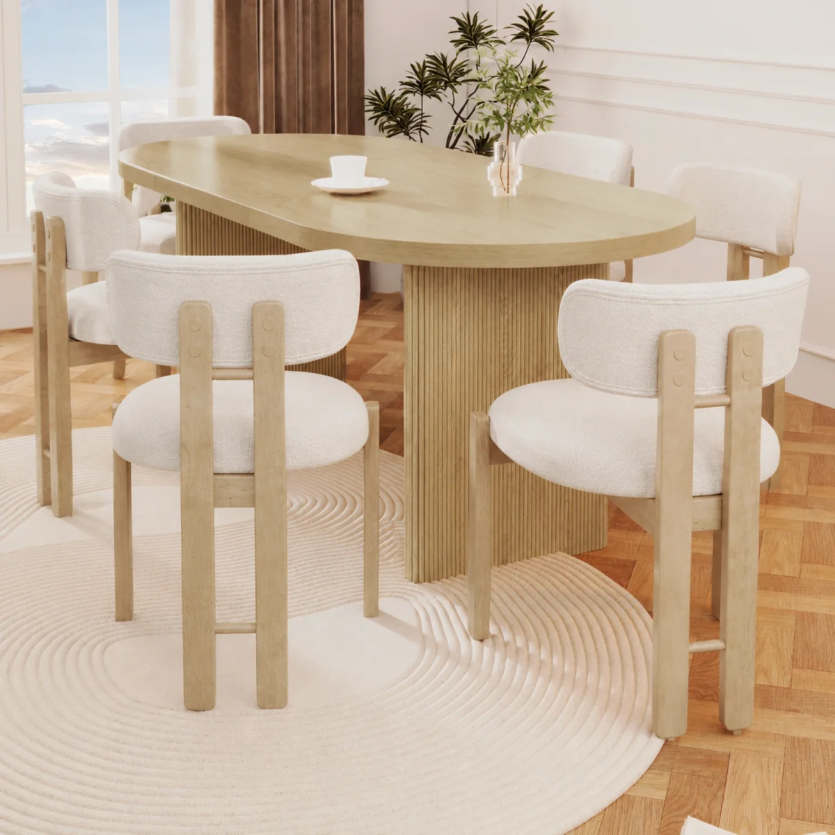 Bouclé Dining Chairs with Solid Wood Legs, Natural Colour, Set of 6 - Natural – image 3