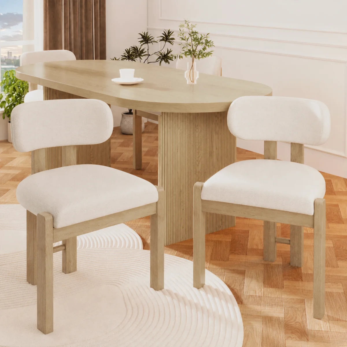 Bouclé Dining Chairs with Solid Wood Legs, Natural Colour, Set of 6 - Natural – image 4