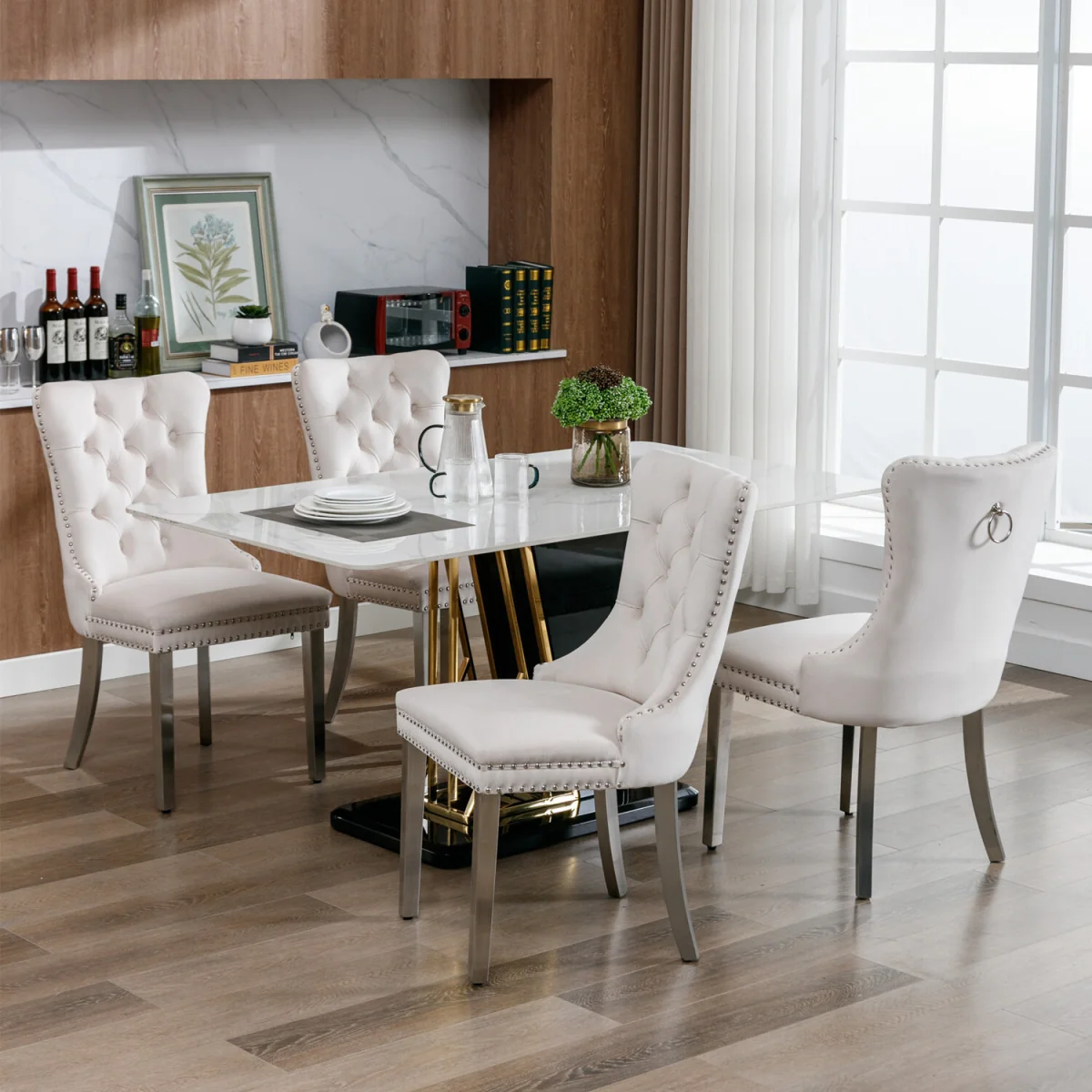 Winchester Set of 4 Velvet Upholstered Kitchen Dining Chairs with Sliver Chrome Legs - Beige – image 2