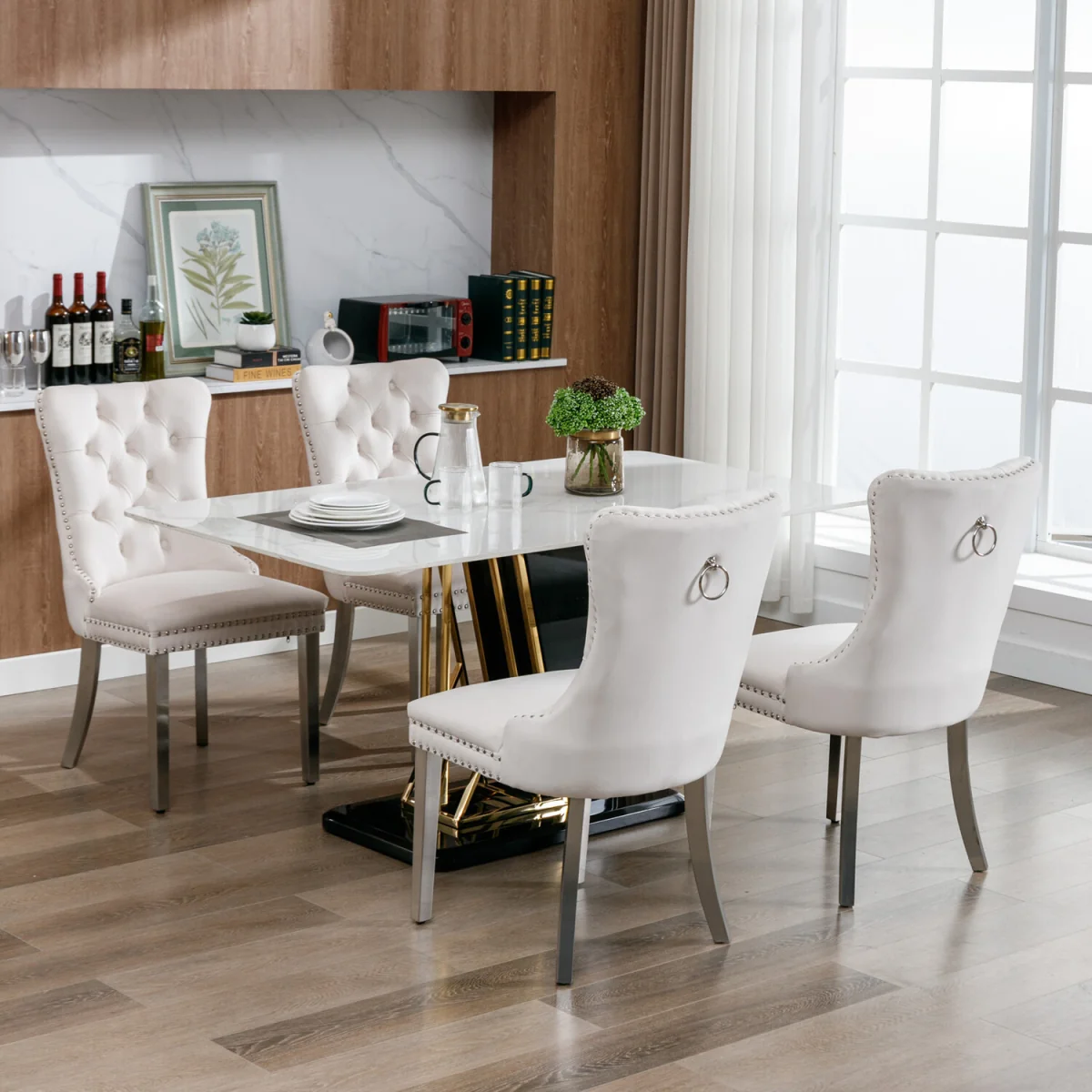 Winchester Set of 4 Velvet Upholstered Kitchen Dining Chairs with Sliver Chrome Legs - Beige – image 1
