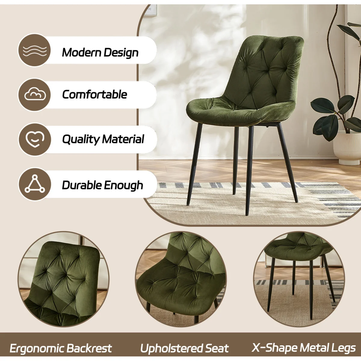 Set of 4 Velvet Dining Chairs with Ergonomic Upholstered Seat --Green - Sage Green / 120kg – image 5