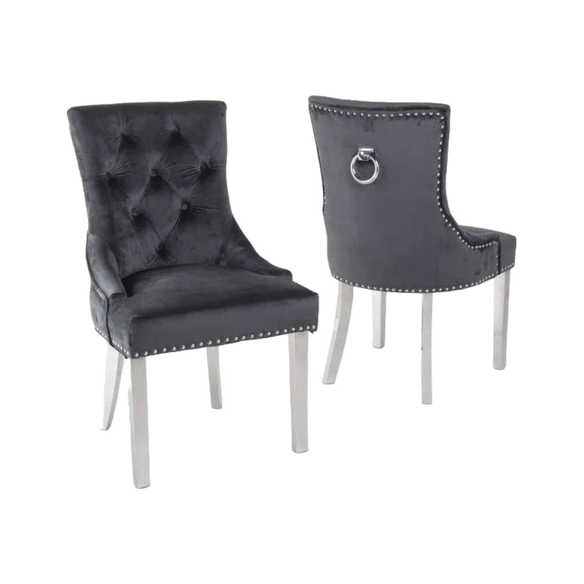 Black Velvet Set of 2 knocker back Dining Chairs With Chrome Legs - Black