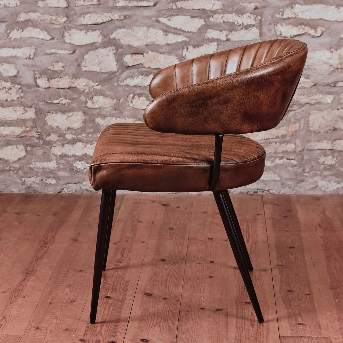 Tan Brown Genuine Real Hide Leather Dining Kitchen Chair Fully Assembled Industrial Vintage Tub - Black – image 2