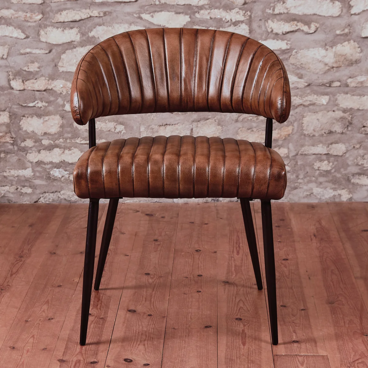 Tan Brown Genuine Real Hide Leather Dining Kitchen Chair Fully Assembled Industrial Vintage Tub - Black – image 3