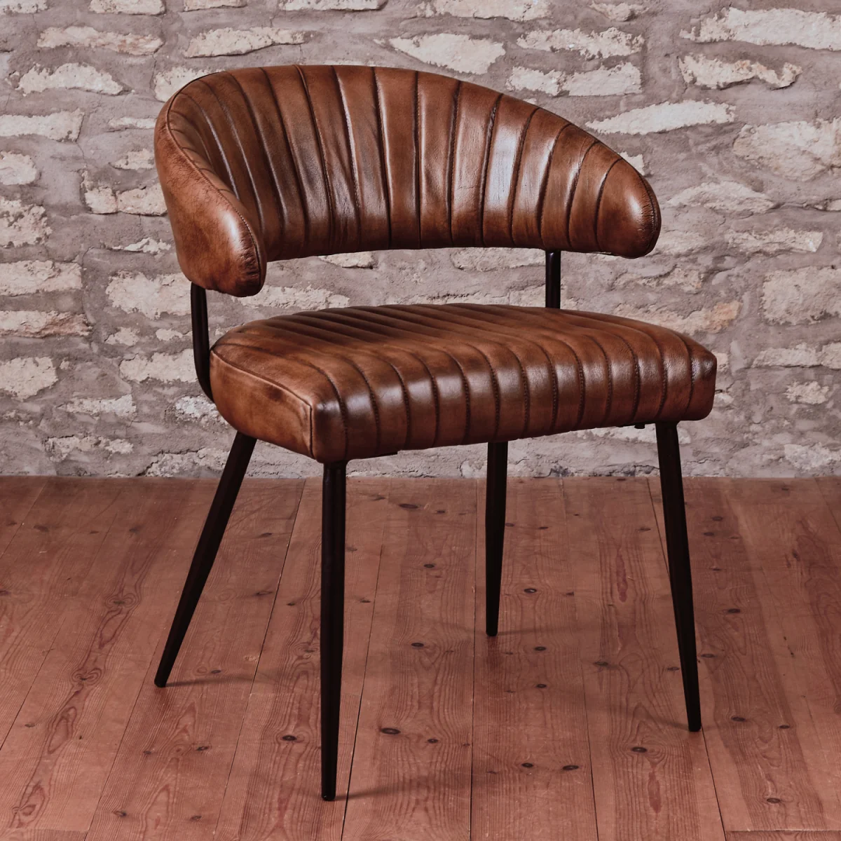 Tan Brown Genuine Real Hide Leather Dining Kitchen Chair Fully Assembled Industrial Vintage Tub - Black – image 1