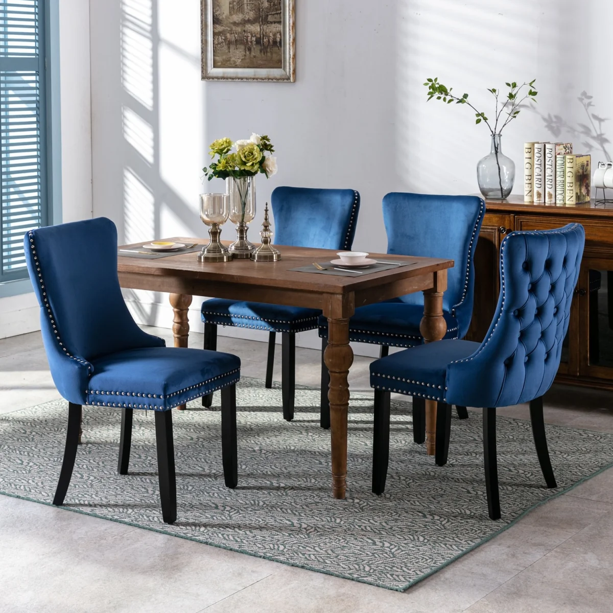 Set of 6 Sierra Wing Back Velvet Tufted Dining Chairs with Oak Wood Legs - Blue – image 2