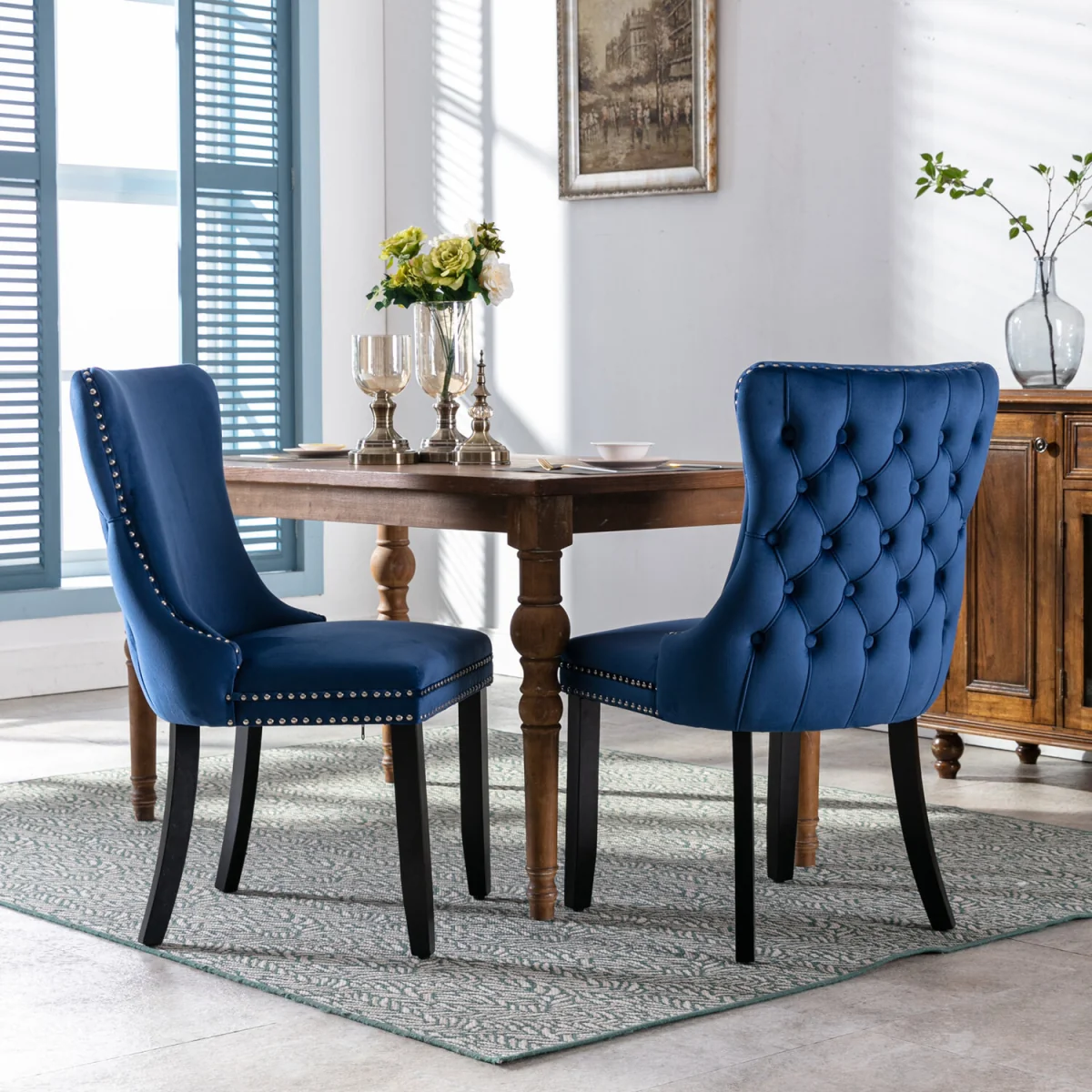 Set of 6 Sierra Wing Back Velvet Tufted Dining Chairs with Oak Wood Legs - Blue – image 3