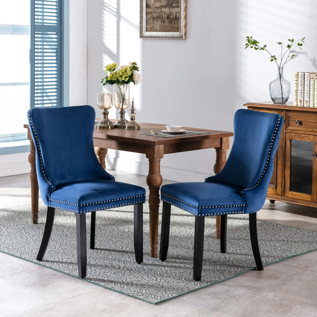 Set of 6 Sierra Wing Back Velvet Tufted Dining Chairs with Oak Wood Legs - Blue – image 4