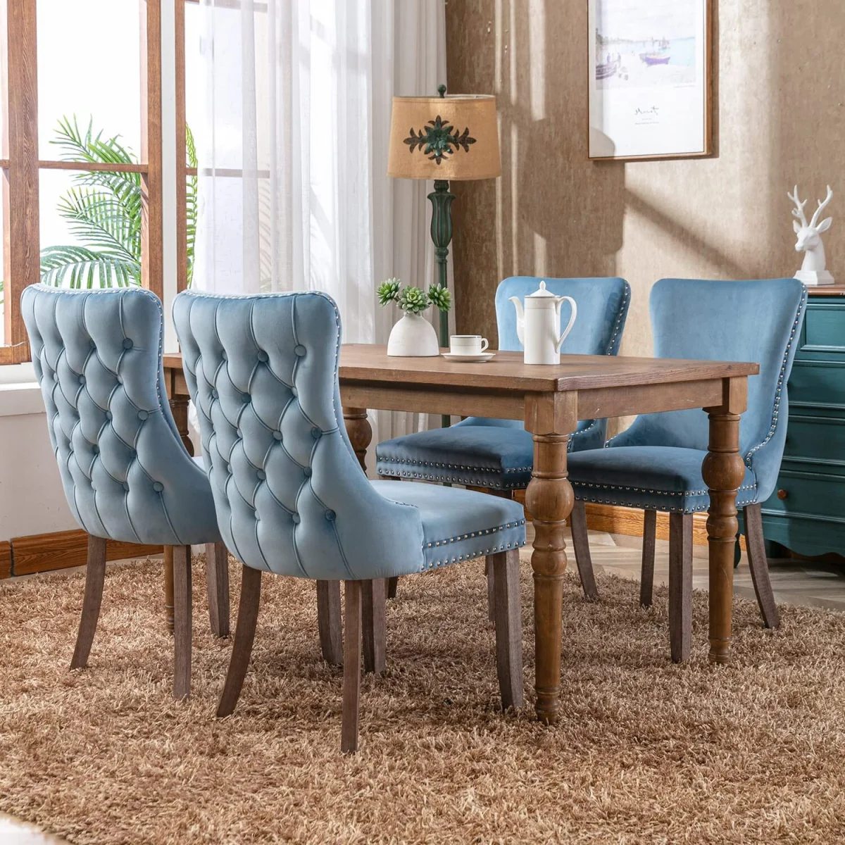 Set of 6 Sierra Wing Back Velvet Tufted Dining Chairs with Oak Wood Legs - Light Blue – image 3