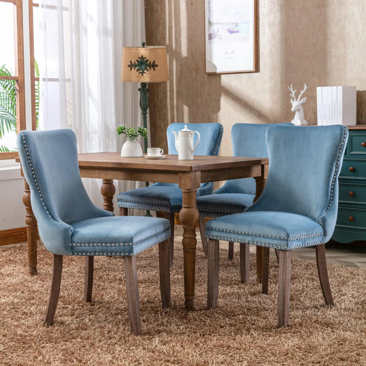Set of 6 Sierra Wing Back Velvet Tufted Dining Chairs with Oak Wood Legs - Light Blue – image 4