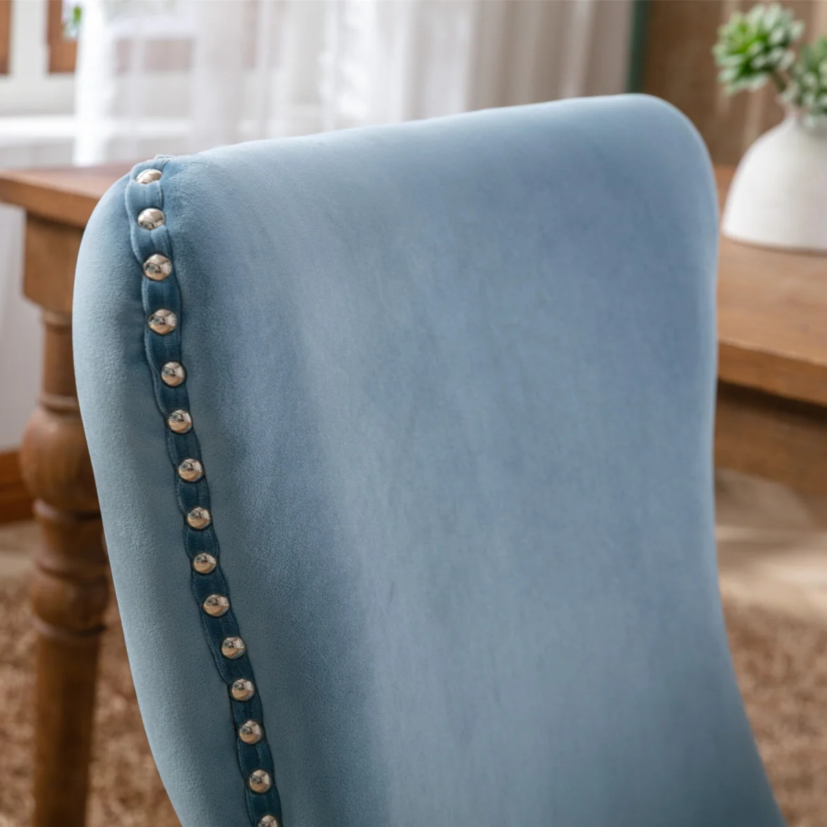 Set of 6 Sierra Wing Back Velvet Tufted Dining Chairs with Oak Wood Legs - Light Blue – image 6