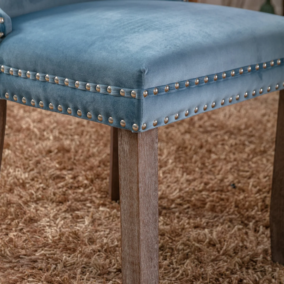 Set of 6 Sierra Wing Back Velvet Tufted Dining Chairs with Oak Wood Legs - Light Blue – image 7
