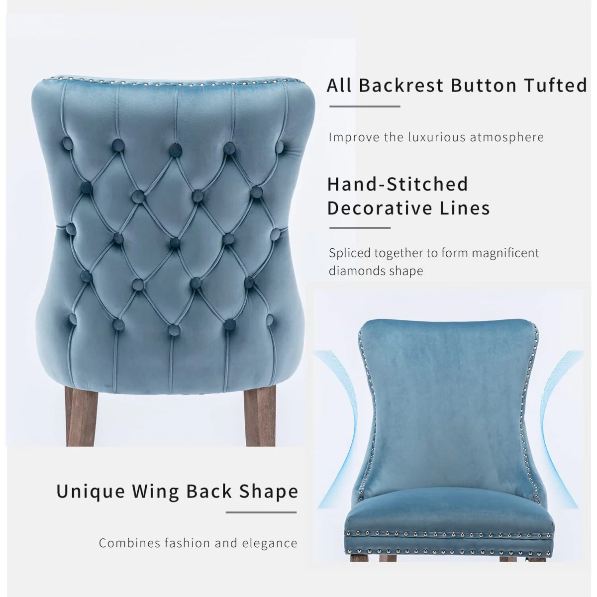 Set of 6 Sierra Wing Back Velvet Tufted Dining Chairs with Oak Wood Legs - Light Blue – image 8