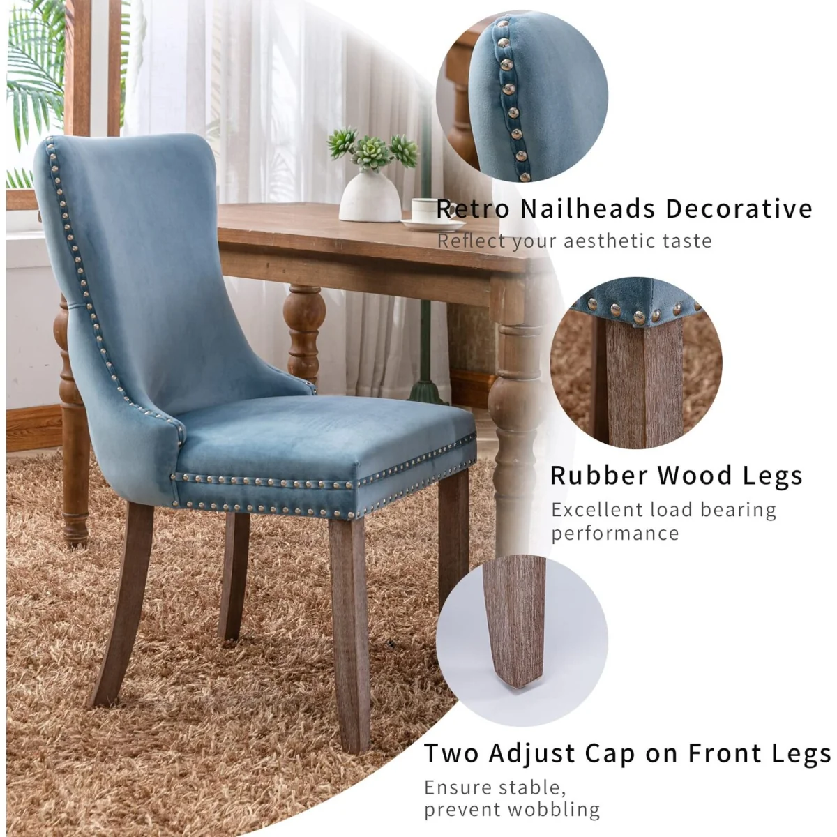 Set of 6 Sierra Wing Back Velvet Tufted Dining Chairs with Oak Wood Legs - Light Blue – image 9