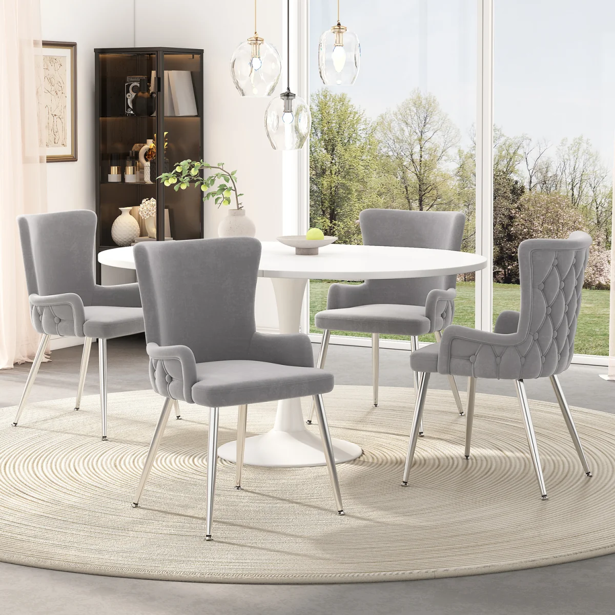 Velvet Dining Chair, Luxurious Lounge Chair with Four Silver-Coloured Metal Legs, Grey, Set of 4 - Grey – image 2
